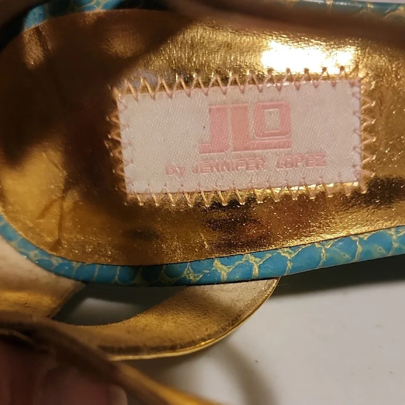 Jennifer Lopez Gold and Teal Blue Wedges with Textured Design - Picture 2 of 7